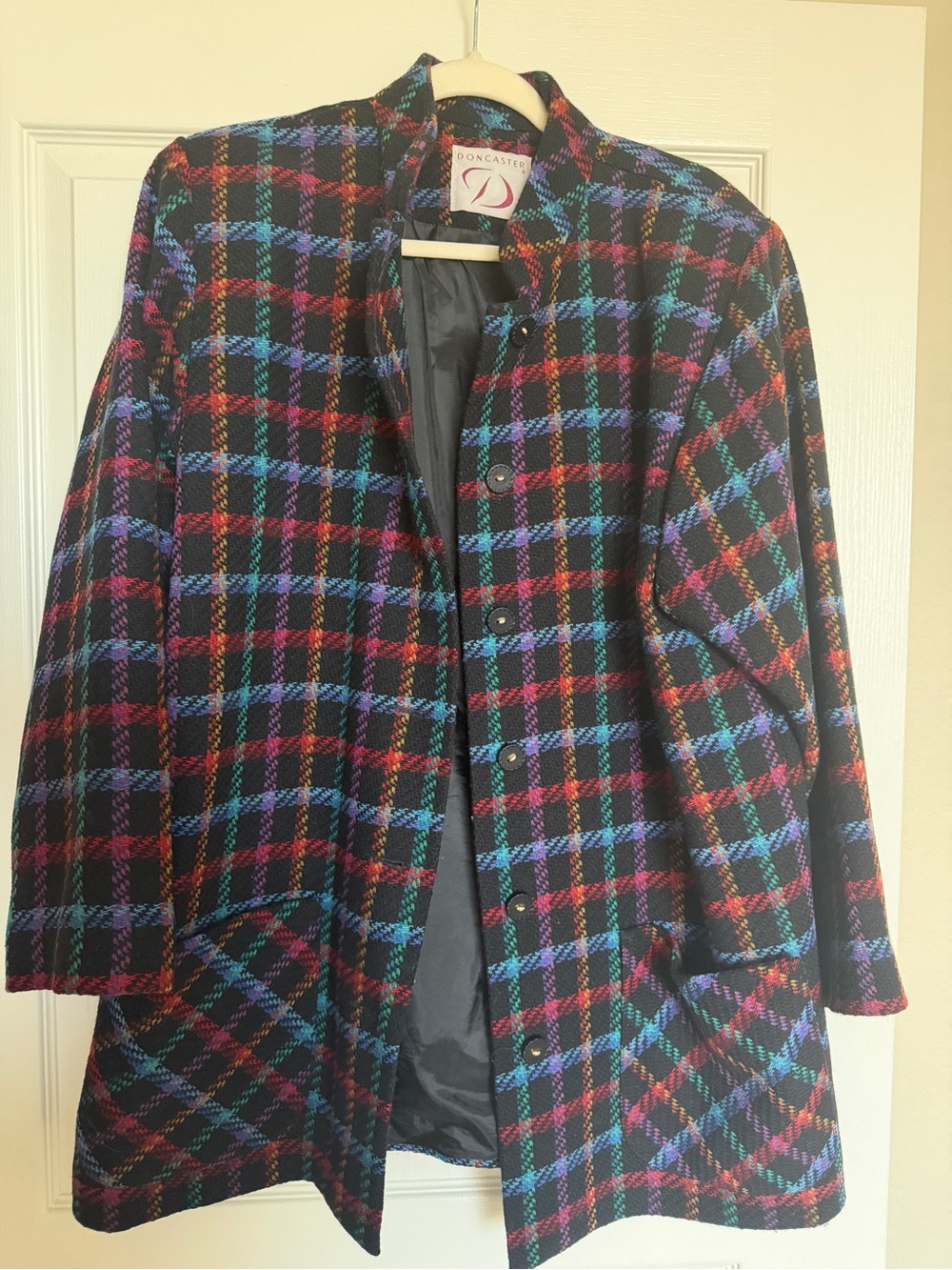 Doncaster Multicolor Plaid Women's Coat - Black with Red & Blue Accents size 14